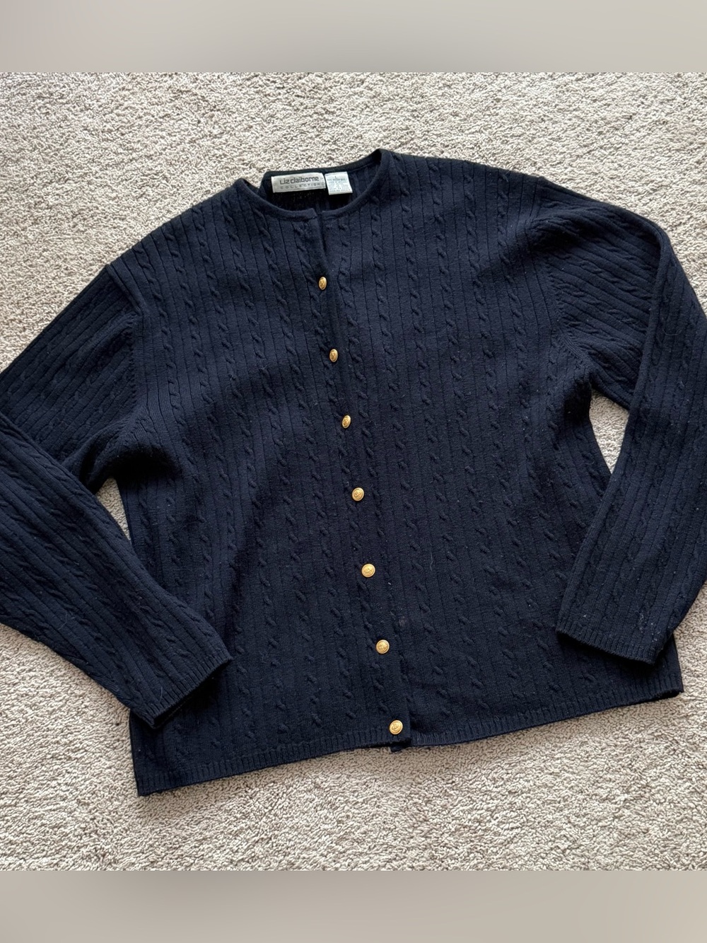 Liz Claiborne Collection Black 100% Merino Wool Cardigan Sweater Gold Buttons L